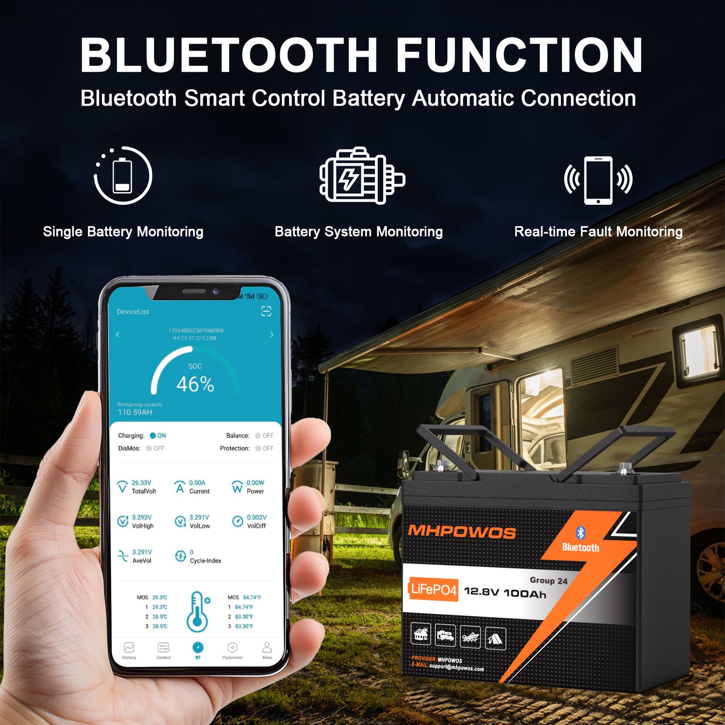 MHPOWOS 12V100Ah Group 24 Bluetooth LiFePO4 Battery