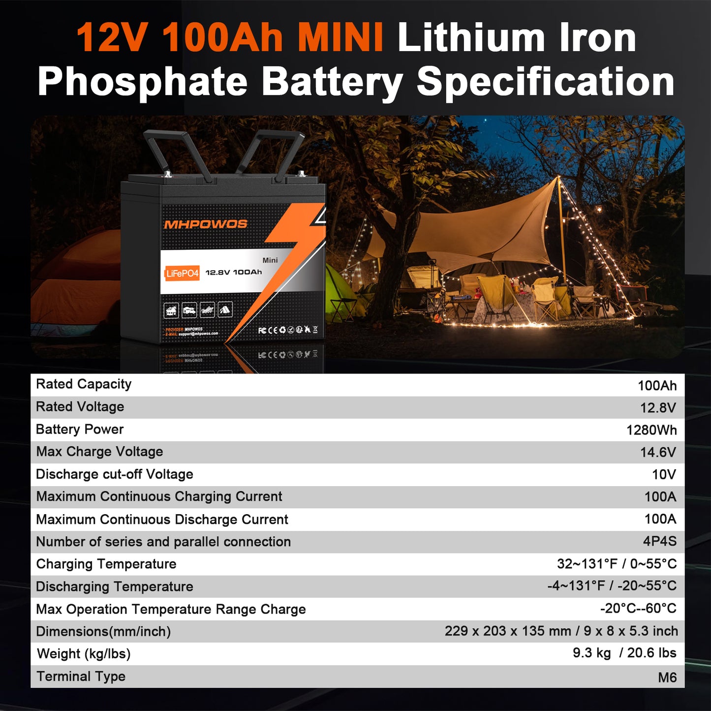 MHPOWOS 12V100Ah Mini LifePO4 Battery