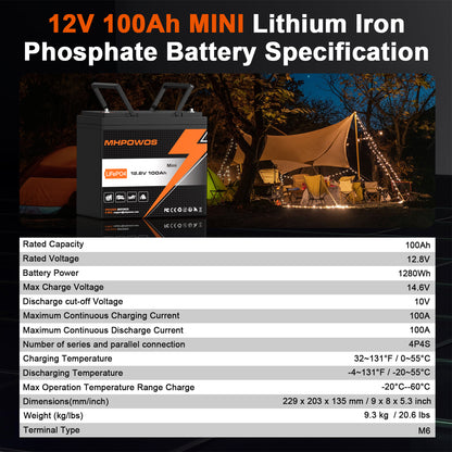 MHPOWOS 12V100Ah Mini LifePO4 Battery