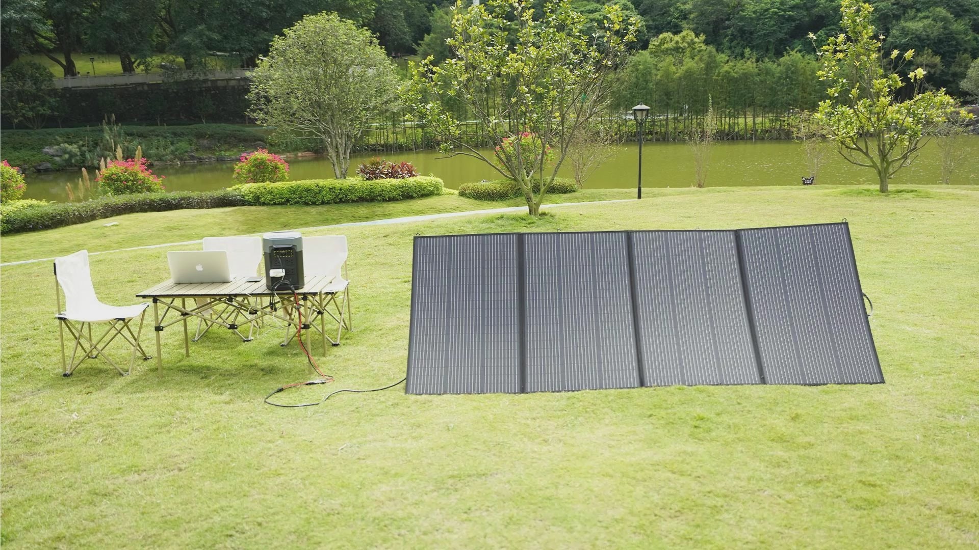 Load video: MHPOWOS 110W Foldable Solar Panel- converts solar to renewable power with this monocrystalline solar panel. With a high solar conversion efficiency of 23.5%, it&#39;s perfectly suited for outdoor activities and for emergency power outages. The ETFE-laminated case extends the lifespan of the solar panel, and weighs in total just 7.3 lbs. It&#39;s lightweight, foldable, IP67 waterproof-rated, and easy to carry around for taking on your off-grid adventures.