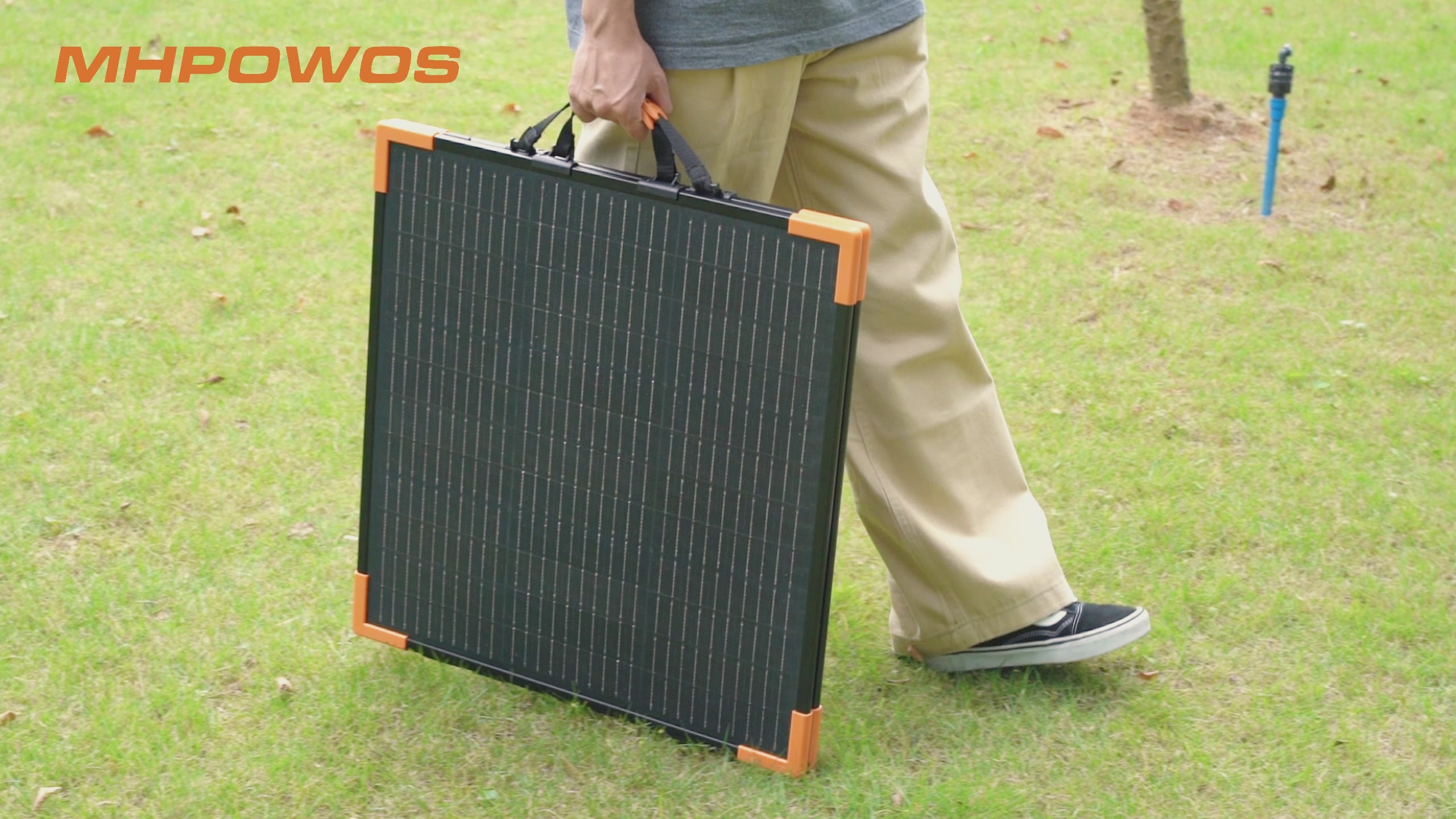 Load video: MHPOWOS 110W Foldable Solar Panel- converts solar to renewable power with this monocrystalline solar panel. With a high solar conversion efficiency of 23.5%, it's perfectly suited for outdoor activities and for emergency power outages. The ETFE-laminated case extends the lifespan of the solar panel, and weighs in total just 7.3 lbs. It's lightweight, foldable, IP67 waterproof-rated, and easy to carry around for taking on your off-grid adventures.