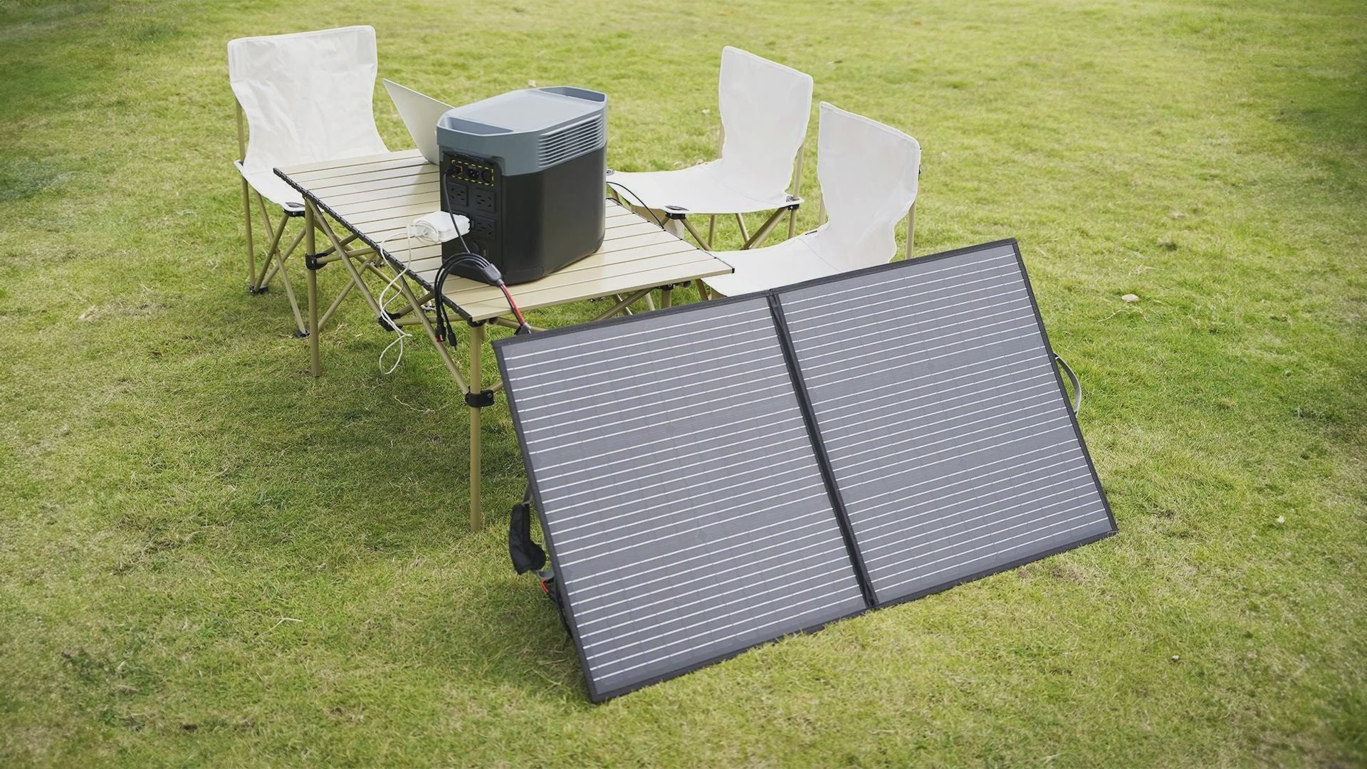 Load video: MHPOWOS 110W Foldable Solar Panel- converts solar to renewable power with this monocrystalline solar panel. With a high solar conversion efficiency of 23.5%, it&#39;s perfectly suited for outdoor activities and for emergency power outages. The ETFE-laminated case extends the lifespan of the solar panel, and weighs in total just 7.3 lbs. It&#39;s lightweight, foldable, IP67 waterproof-rated, and easy to carry around for taking on your off-grid adventures.