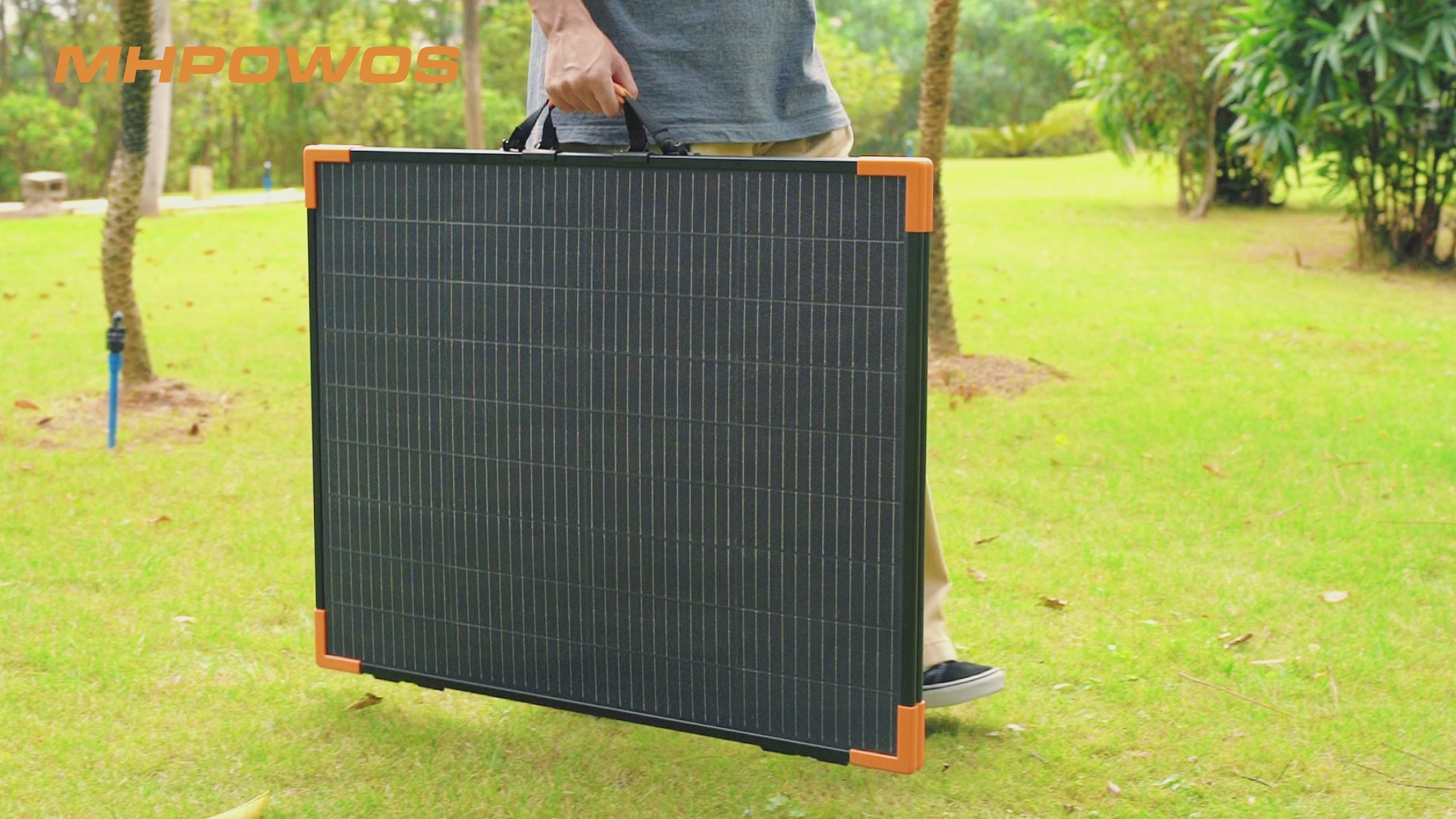 Load video: MHPOWOS 110W Foldable Solar Panel- converts solar to renewable power with this monocrystalline solar panel. With a high solar conversion efficiency of 23.5%, it's perfectly suited for outdoor activities and for emergency power outages. The ETFE-laminated case extends the lifespan of the solar panel, and weighs in total just 7.3 lbs. It's lightweight, foldable, IP67 waterproof-rated, and easy to carry around for taking on your off-grid adventures.